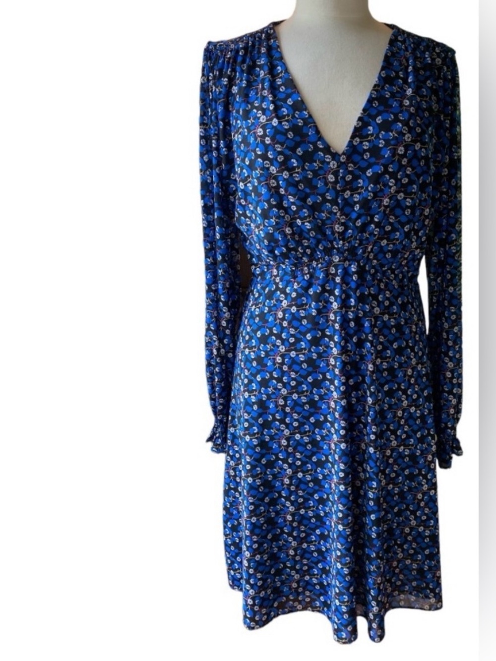Cabi The Ten Blue Floral V Neck Long Sleeve Dress L - Picture 2 of 4